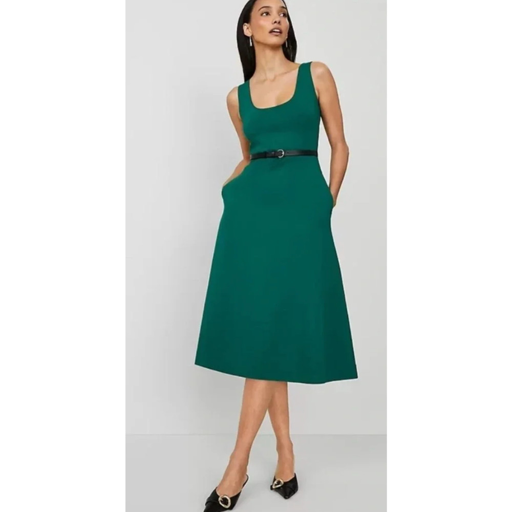 NWT ANN TAYLOR FRESH EVERGREEN PONTE SLEEVELESS BELTED MIDI DRESS SZ 12